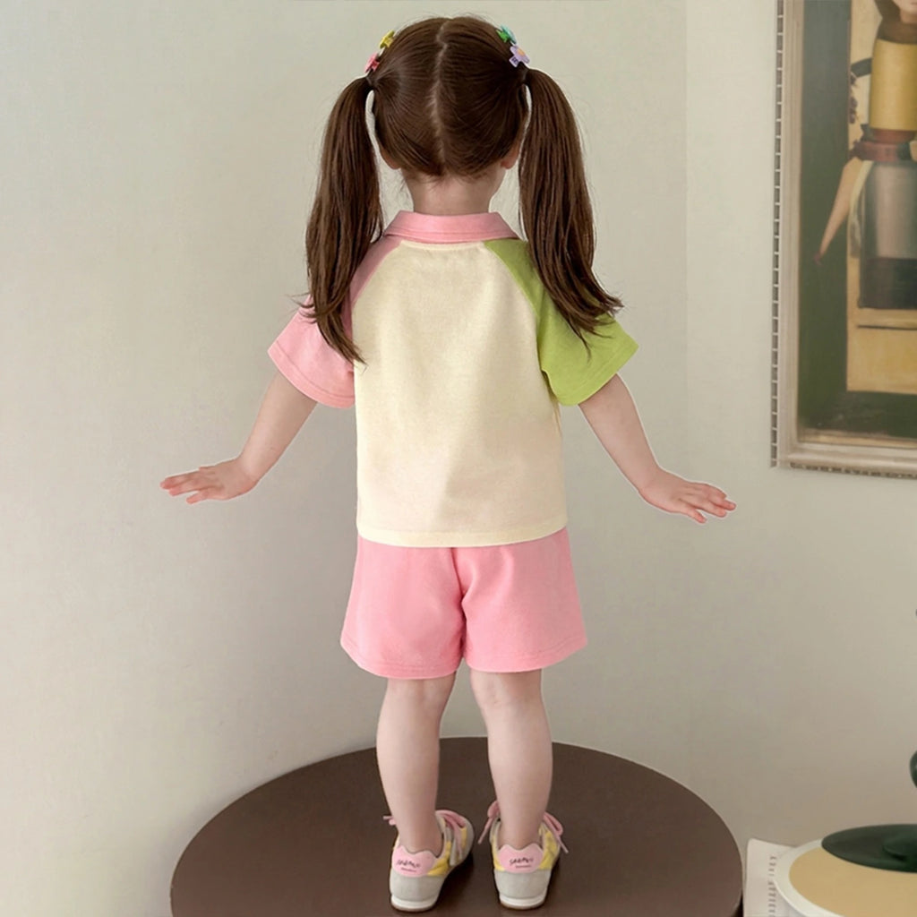 Girls Pink Rainbow Graphics T-Shirt With Elasticated Shorts Sets Sets