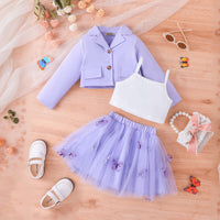 Girls Purple Long Sleeve Jacket With Camisole Top And Butterfly Embroidered Skirt Set 3 pc. Sets