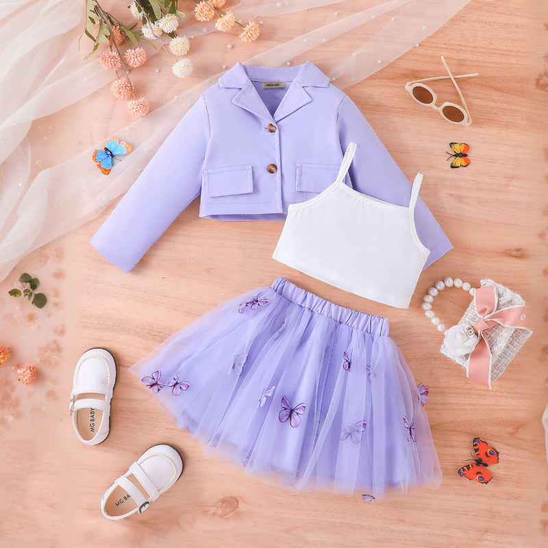 Girls Purple Long Sleeve Jacket With Camisole Top And Butterfly Embroidered Skirt Set 3 pc. Sets