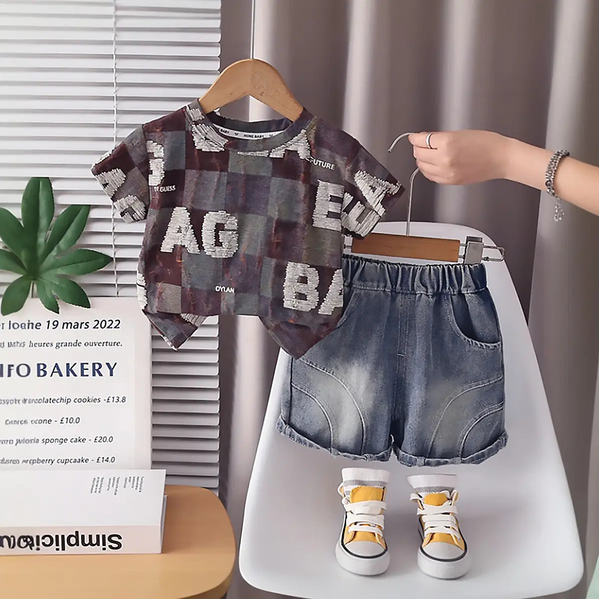 Boys Brown Typographic Printed Short Sleeves T-Shirt With Denim Shorts Sets 2 pc. Sets Brown 1-2 Y