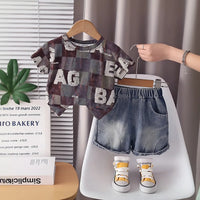 Boys Brown Typographic Printed Short Sleeves T-Shirt With Denim Shorts Sets 2 pc. Sets Brown 1-2 Y