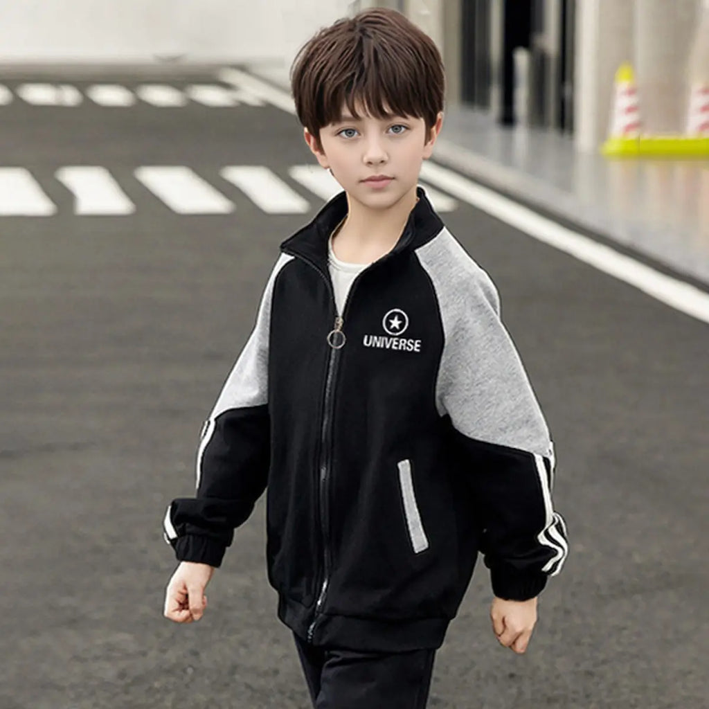 Boys Black Typographic Printed Raglan Sleeves Zipper Jacket Coats & Jackets