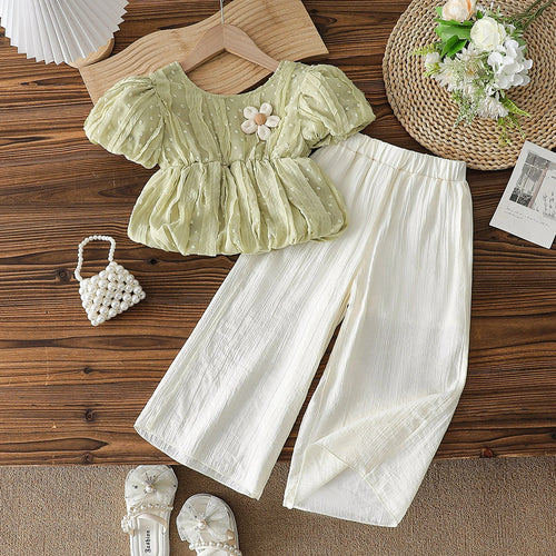 Girls Light Green Self-Design Peplum Top With Crinkled Pants Set Sets Light Green 3-4 Y