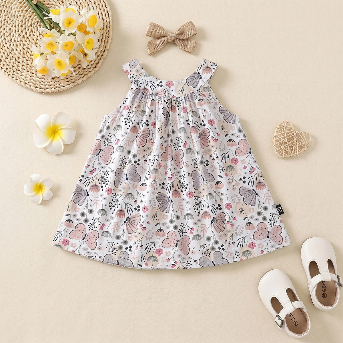 Girls Off White Butterfly Printed Round Neck A-line Dress Casual Dresses Off White 2-3 Y