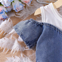 Girls Blue Solid Cold Shoulder Denim A-Line Dress Casual Dresses