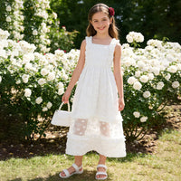 Girls White Sleeveless A-line Midi Dress With Ruffle Details Casual Dresses
