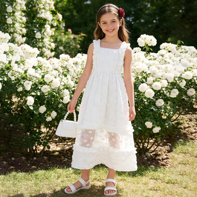 Girls White Sleeveless A-line Midi Dress With Ruffle Details Casual Dresses