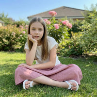 Girls Solid Short Sleeves Ruched Top With Pink Wide -Leg Pant Sets Sets