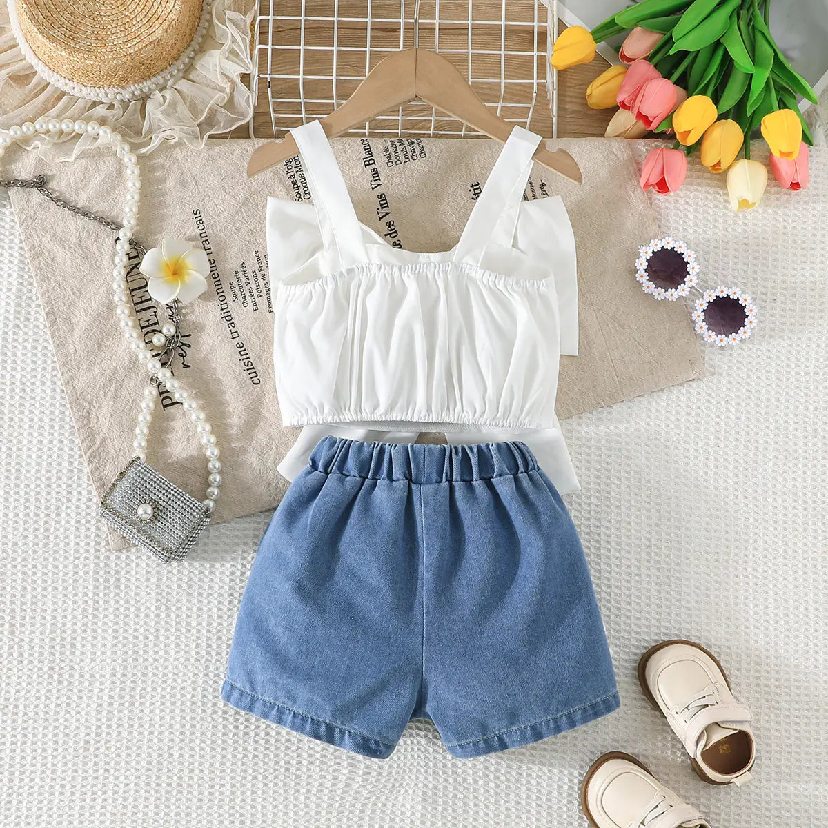 Girls White Bow Crop Top With Floral Embroidered Denim Shorts Sets Sets