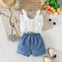 Girls White Bow Crop Top With Floral Embroidered Denim Shorts Sets Sets