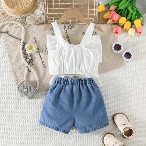 Girls White Bow Crop Top With Floral Embroidered Denim Shorts Sets Sets