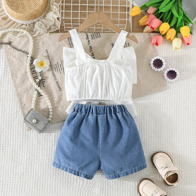 Girls White Bow Crop Top With Floral Embroidered Denim Shorts Sets Sets