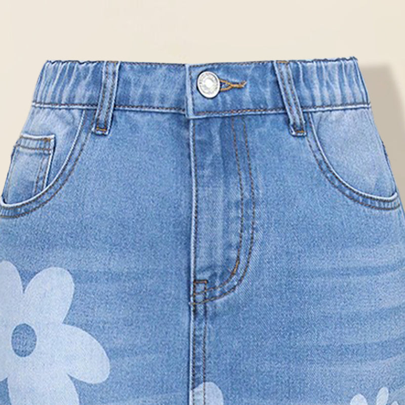 Girls Blue Floral Printed Distressed Bellbottom Denim Pant Pants