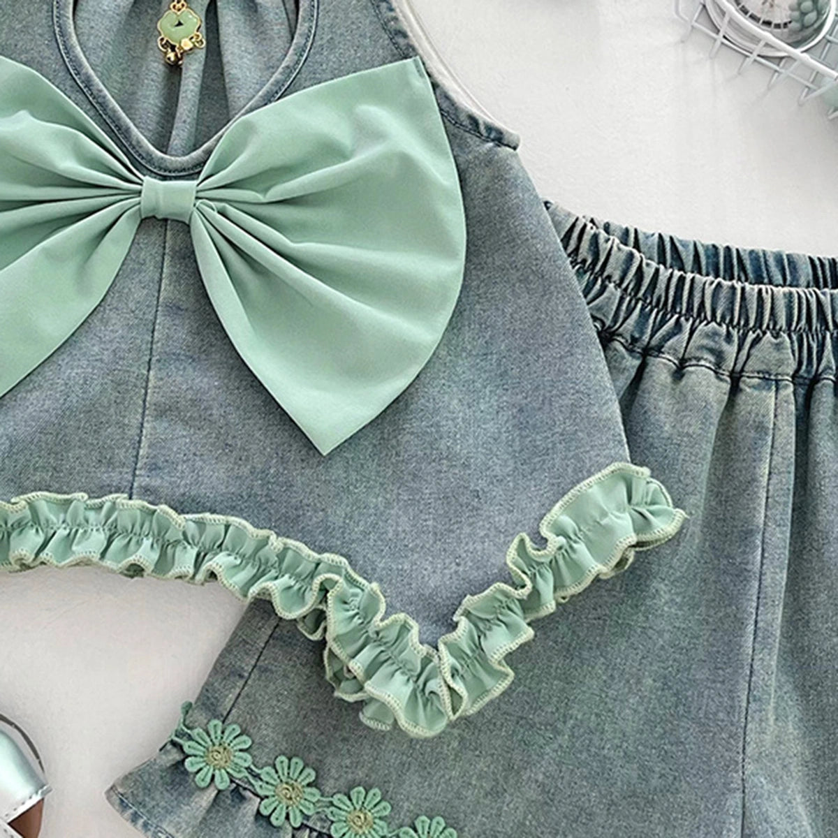 Girls Light Blue Floral Lace Detail Halter Top With Denim Shorts Sets 2 pc. Sets