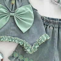 Girls Light Blue Floral Lace Detail Halter Top With Denim Shorts Sets 2 pc. Sets