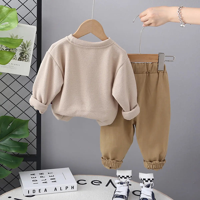 Boys Beige Cat Cartoon Printed Sweatshirt With Jogger Sets Sets