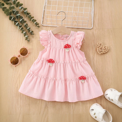 Girls Light Pink Mushroom Applique Flutter Sleeve Tiered Dress Casual Dresses Light Pink 1-2 Y