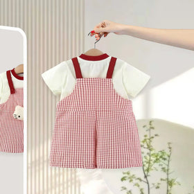 Girls Red Checked Dungaree With Cute Kitty Vibes Tee Sets 2 pc. Sets