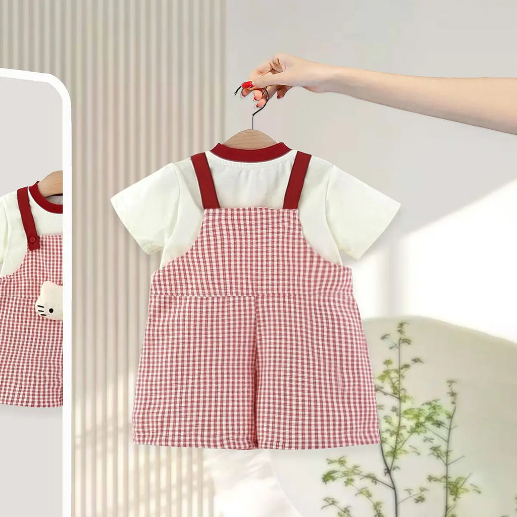 Girls Red Checked Dungaree With Cute Kitty Vibes Tee Sets 2 pc. Sets