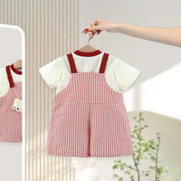 Girls Red Checked Dungaree With Cute Kitty Vibes Tee Sets 2 pc. Sets