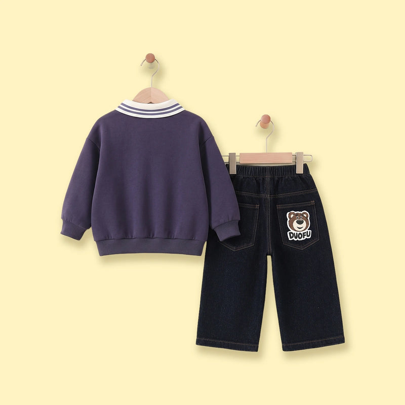 Boys Blue Graphic Polo Sweatshirt With Denim Pants Sets Sets