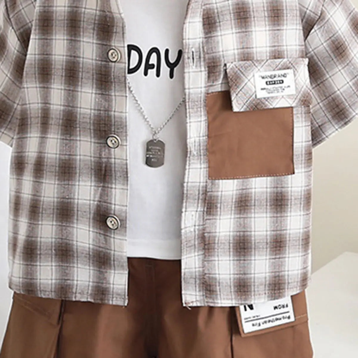 Boys Brown Checked Short Sleeve Shirt With Printed T-Shirt And Shorts Sets 3 pc. Sets