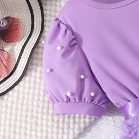 Girls Purple Rose Appliqued Puff Sleeves Fit And Flared Dress Casual Dresses