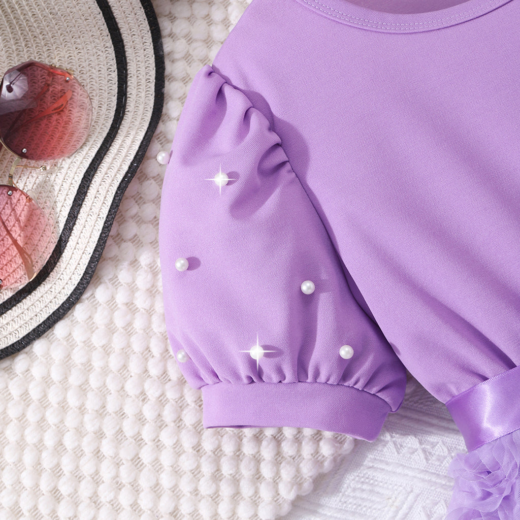 Girls Purple Rose Appliqued Puff Sleeves Fit And Flared Dress Casual Dresses