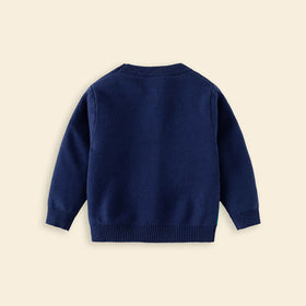 Boys Navy Blue Self-Design Long TAil Dinosaur Pattern Knitted Sweater Sweaters & Cardigans