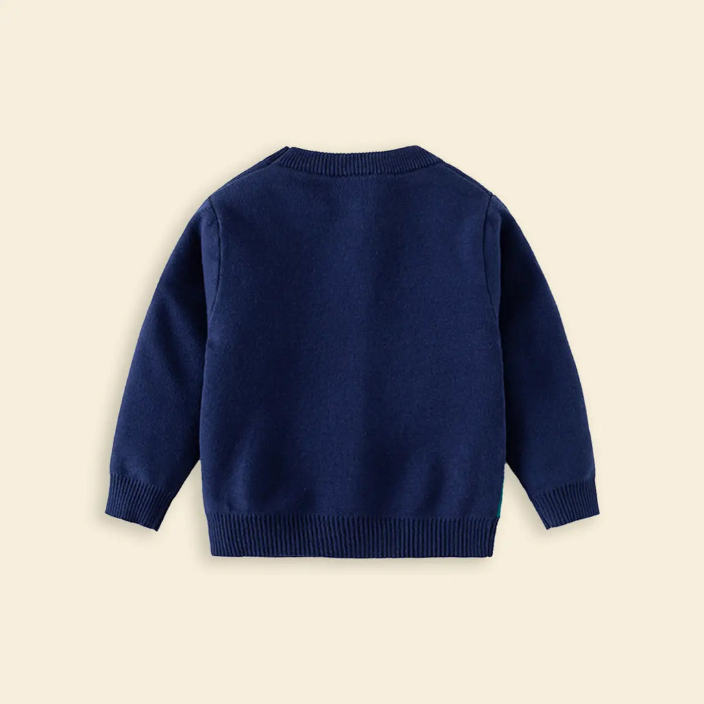 Boys Navy Blue Self-Design Long TAil Dinosaur Pattern Knitted Sweater Sweaters & Cardigans
