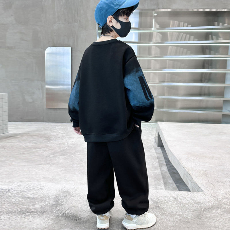 Boys Black Typographic Printed Sweatshirt With Jogger Winter Co-ord Sets 2 pc. Sets