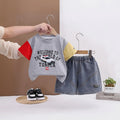 Boys Light Grey Car Printed Short Sleeve T-Shirt with Denim Shorts Sets 2 pc. Sets Light Grey 1-2 Y