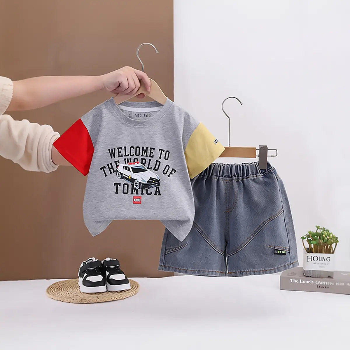 Boys Light Grey Car Printed Short Sleeve T-Shirt with Denim Shorts Sets 2 pc. Sets Light Grey 1-2 Y