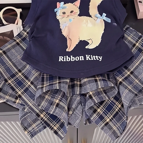 Girls Navy Blue Cap Sleeve Kitty Print T-Shirt With Checked Skirt Sets 2 pc. Sets