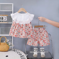 Girls Red Floral Printed Eyelet Lace Collar Top & Shorts Co-ord Sets Sets