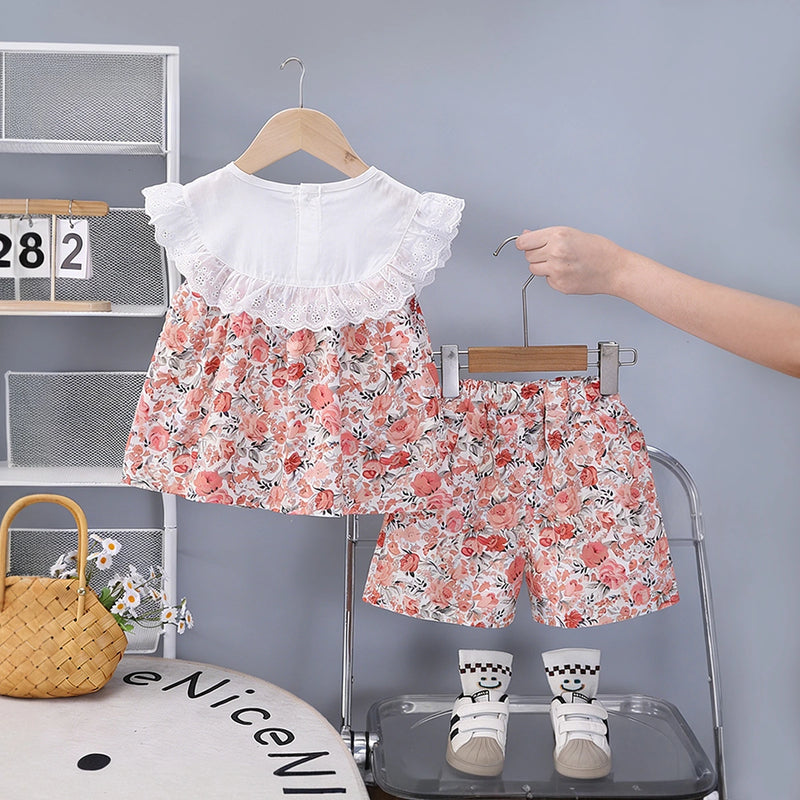 Girls Red Floral Printed Eyelet Lace Collar Top & Shorts Co-ord Sets Sets