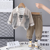 Boys Beige Solid Shacket With Printed T-Shirt & Pants Set