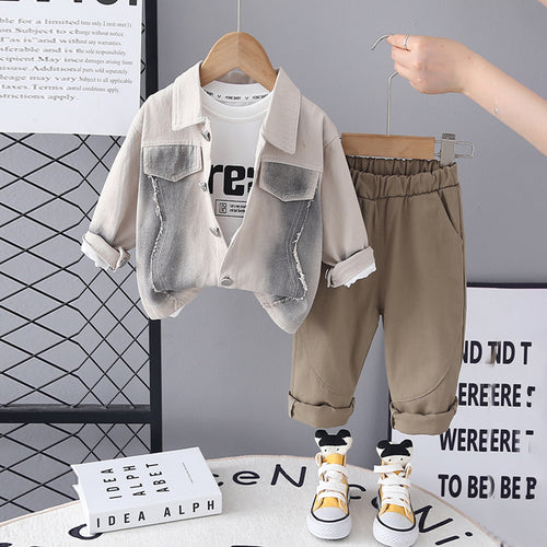 Boys Beige Solid Shacket With Printed T-Shirt & Pants Set Sets Beige 1-2 Y