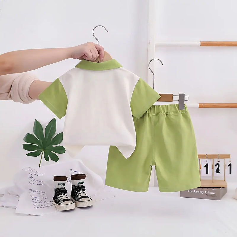 Boys Light Green Dog Applique Short Sleeve Polo T-Shirt With Elasticated Shorts Sets 2 pc. Sets