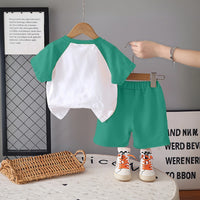 Boys Green Lion Cartoon Print Short Sleeves T-Shirt With Shorts Set Sets