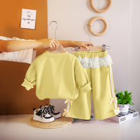 Girls Yellow Bow Applique Sweatshirt With Sling Bag and Pants Set Sets
