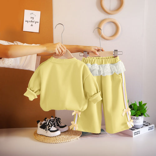 Girls Yellow Bow Applique Sweatshirt With Sling Bag and Pants Set Sets