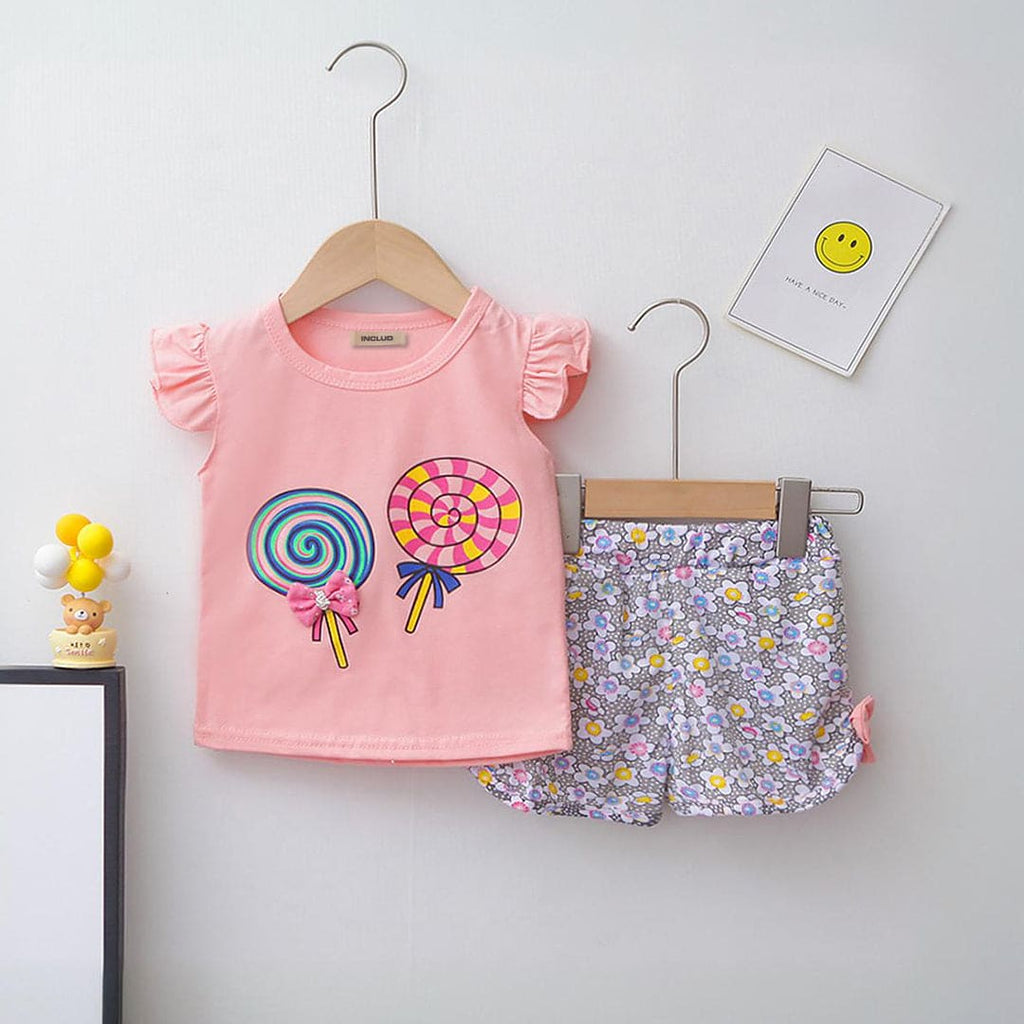 Girls Graphic Print Top With Printed Shorts Set