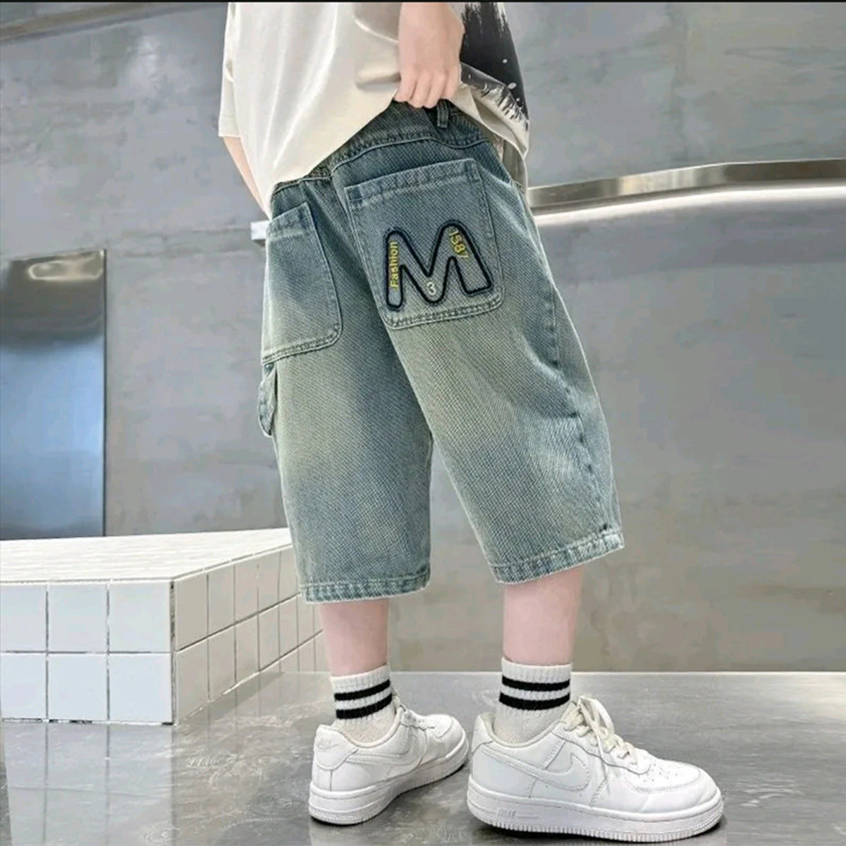 Boys Light Blue Washed Elasticated Waist Denim Shorts with Embroidered Patch Shorts