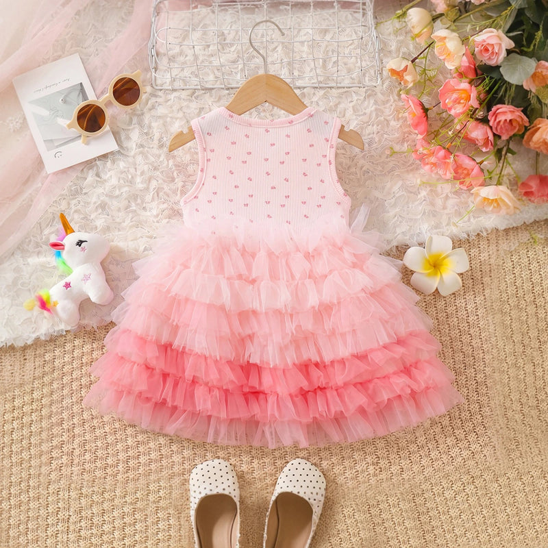 Girls Light Pink Kitty Applique Sleeveless Tiered Dress Casual Dresses