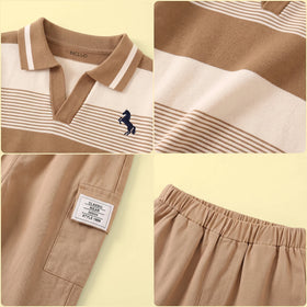 Boys Brown Striped Long Sleeve Polo T-Shirt With Pants Sets 2 pc. Sets
