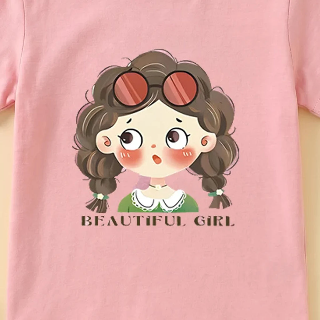 Girls Pink Short Sleeve Girl Graphic T-Shirt Tshirts