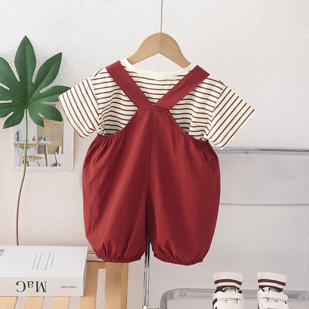 Boys Stripe Short Sleeves T-Shirt With Embroidered Appliqued Red Dungaree Set 2 pc. Sets