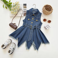 Girls Blue Asymmetrical Hem Sleeveless Denim Dress Casual Dresses Blue 1-2 Y