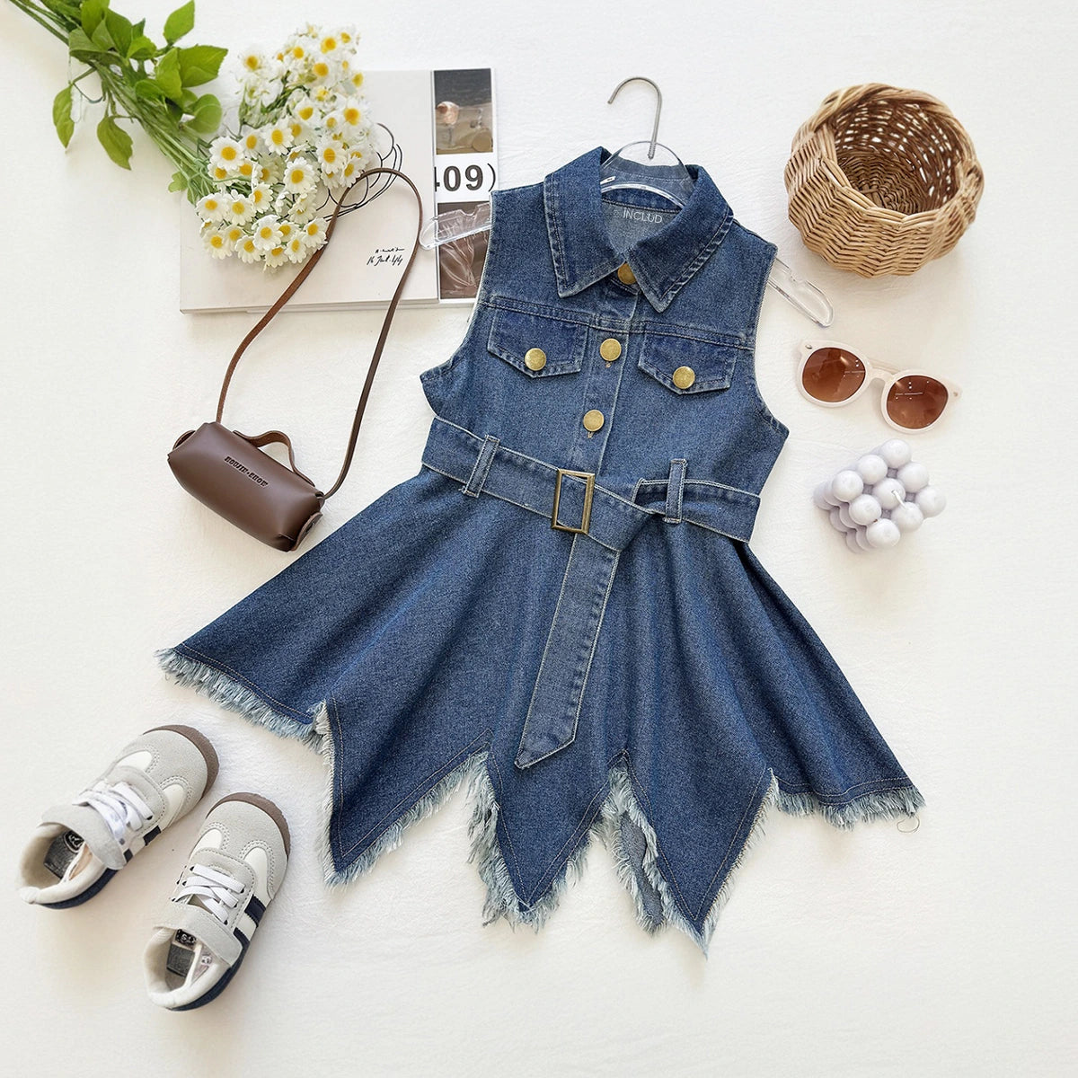 Girls Blue Asymmetrical Hem Sleeveless Denim Dress Casual Dresses Blue 1-2 Y